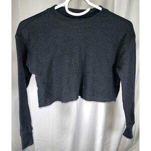KATIEJ NYC Waffle Knit Cropped Long Sleeve Shirt Black Streetwear Casual Medium
